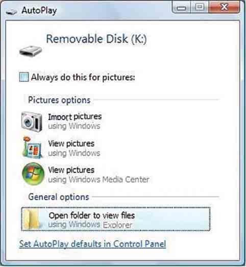 Αντιγραφή εικόνων σε υπολογιστή με "Picture Motion Browser" 3 Κάντε κλικ στην επιλογή [Open folder to view files] (Για Windows XP: [Open folder to view files] t [OK]) καθώς εμφανίζεται αυτόματα η