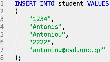 SQL (DML) - INSERT INTO 1 2 1234 Antonis Antoniou 2222 anton@csd.uoc.