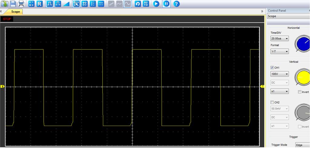 Slika 7.4 Valni oblik napona na upravljačkim elektrodama tranzistora, žuta izlaz A, zelena izlaz B Slika 7.5 Valni oblik napona na izlazu iz izmjenjivača Na temelju slika 7.