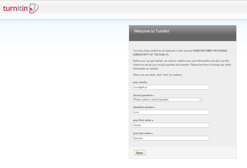Χρήση Turnitin: 2β. Είσοδος στην υπηρεσία Turnitin H επόμενη οθόνη (Welcome to Turnitin!