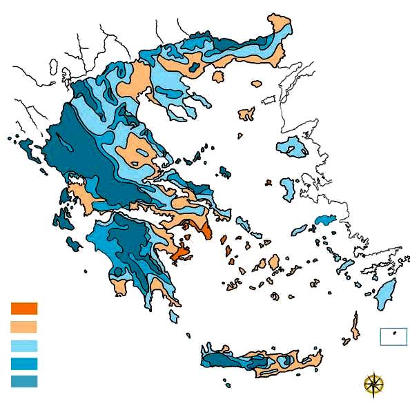 4. Βρες στο χάρτη κατανομής των βροχών της χώρας μας τις πόλεις Αθήνα, Πύργο και Ιωάννινα.