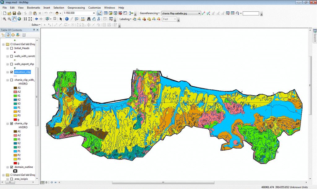 Επίσης, εισάχθηκε αρχείο shape file με τους γεωλογικούς σχηματισμούς της περιοχής και με τις ισοϋψείς καμπύλες, όπως φαίνεται στην εικόνα 4.3.