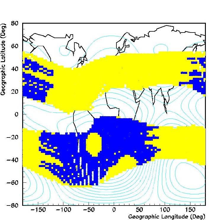 112 CHAPTER 4. ANALYSIS OF UNDER-CUTOFF PROTONS AND LEPTONS Figure 4.9: Distribution of intersection points with atmosphere for the drift shells crossed by AMS.