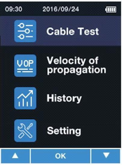 01. תפריט ראשי לתפריט ראשי נכנסים על ידי לחיצה קצרה על לחצן EXIT מס 0 א. ב. Cable Test בחירת סוג הכבל קואקס אם כבל תקשורת Velocity of Propagation בחירת V.O.