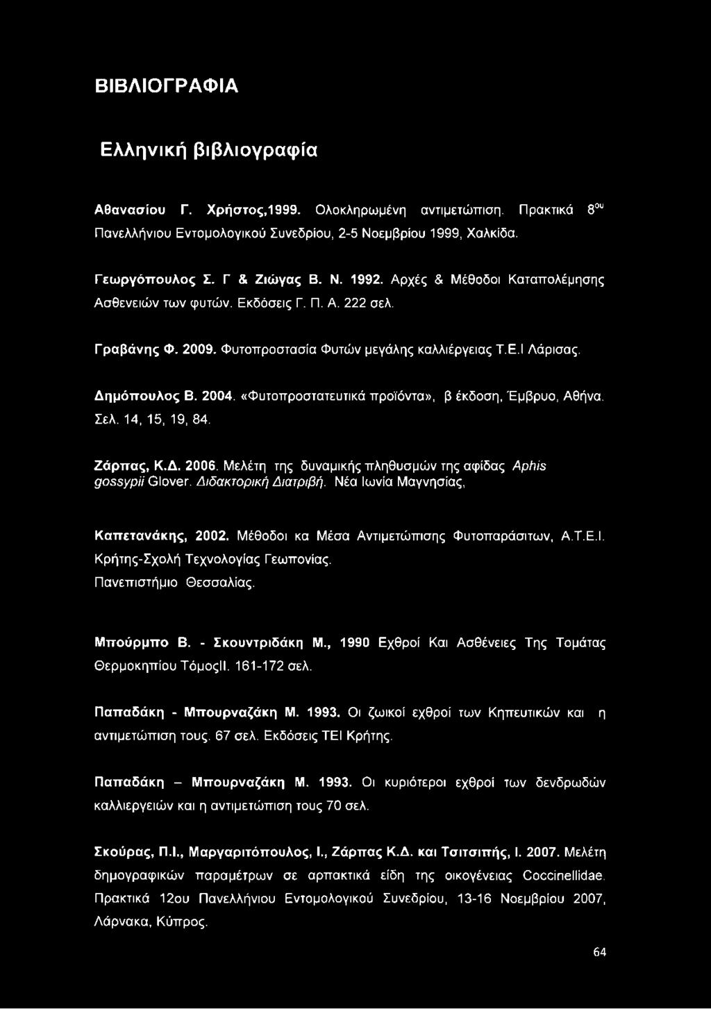 «Φυτοπροστατευτικά προϊόντα», β έκδοση, Έμβρυο, Αθήνα. Σελ. 14, 15, 19, 84. Ζάρττας, Κ.Δ. 2006. Μελέτη της δυναμικής πληθυσμών της αψίδας Aphis gossypii Glover. Διδακτορική Διατριβή.