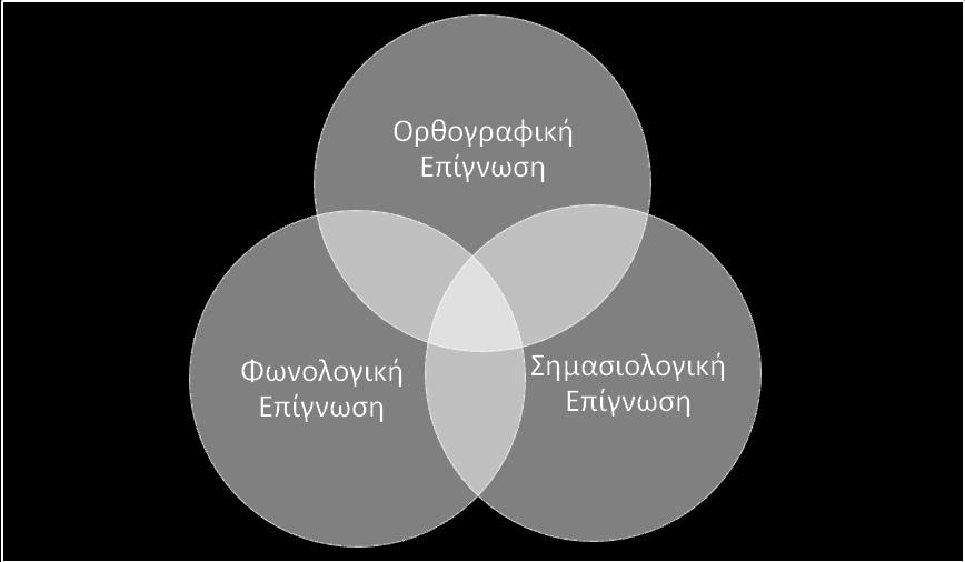 αναγνώρισης του χειρισμού των ήχων και των ορθογραφικών αναπαραστάσεων αντίστοιχα, ενώ η σημασιολογική επίγνωση ορίζεται ως η γνώση του πώς οργανώνονται οι σημασίες σε μια γλώσσα.