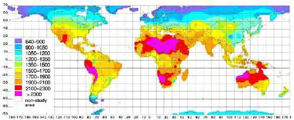 Εικόνα 2.4: Θλιακό φάςμα Εικόνα 2.5: Θ μζςθ ετιςια ακτινοβολία πάνω ς ζνα οριηόντιο επίπεδο (ςε W/m 2 ) Θ ζνταςθ τθσ ακτινοβολίασ, θ ολοκλθρωμζνθ ςε μια χρονικι περίοδο, ονομάηεται θλιακι ακτινοβολία.