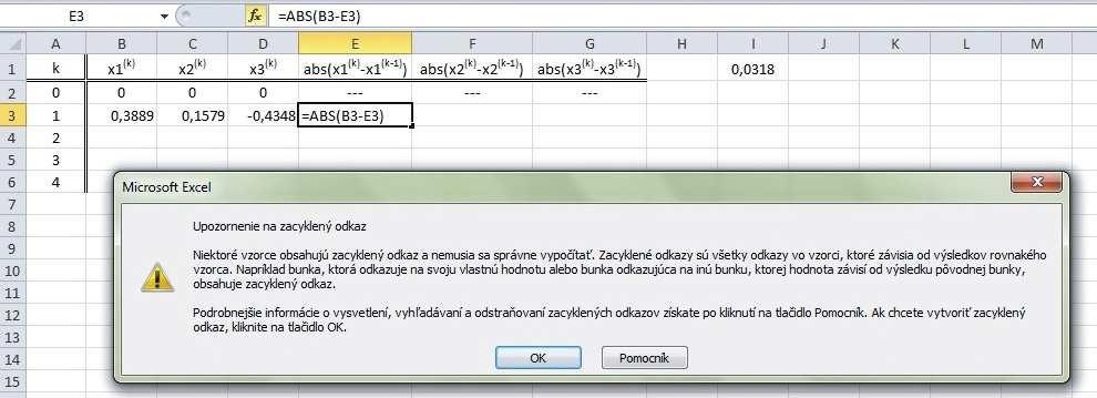 Úvod 9 Obr. 4: Dialógové okno upozorňujúce na zacyklený odkaz v Exceli.