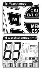 Tri-Watchi kasutamine Tri-Watch skanneerimine: 1. Vajutage ooterežiimis TRI-WATCH nuppu. Displeil kuvatakse kiri TW SCAN ja kolme salvestatud kanali numbrid. 2.