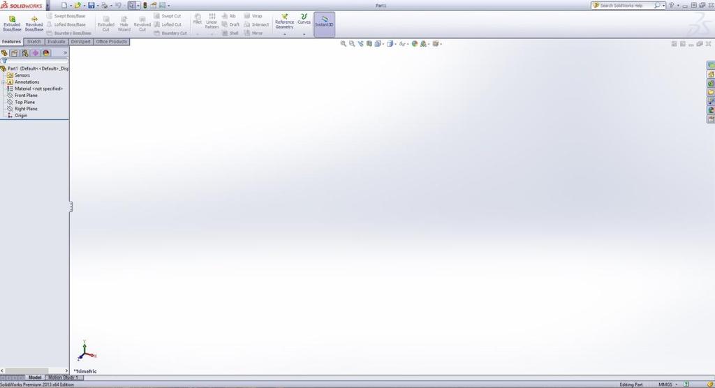 Σχήμα 3.1. Το περιβάλλον του solidworks Η δημιουργία ενός μοντέλου σε SolidWorks συνήθως ξεκινά με ένα σκίτσο 2D ( αν και τα 3D σχέδια είναι επίσης διαθέσιμα).