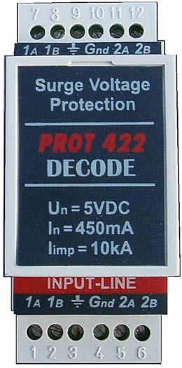 Sertifikat ISO 9001:2000 PRENAPONSKA ZAŠTITA Tip: PROT 422 PROT 422 obezbeđuje višestepenu zaštitu RS 422 / 485 signalnih linija (4 žice - 2 parice), sa zajedničkim referentnim potencijalom, od