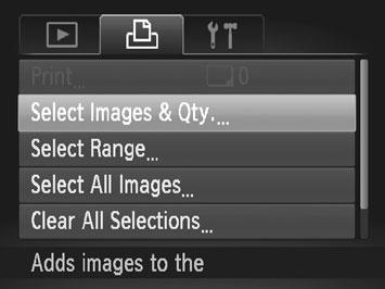 Tlač snímok 214 Nastavenie tlače jednotlivých snímok Vyberte položku [Select Images &Qty./Vybrať snímky a počet]. Stlačte tlačidlo n, na karte 2 vyberte položku [Select Images & Qty.