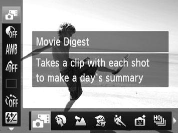 Špeciálne režimy na iné účely Fotografie Videosekvencie Automatické zaznamenávanie klipov (krátka videosekvencia) Jednoduchým snímaním fotografií môžete zhotovovať krátke videosekvencie daného dňa.