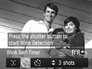 Špeciálne režimy na iné účely Používanie samospúšte s detekciou žmurknutia Namierte fotoaparát na požadovanú osobu a stlačte tlačidlo spúšte úplne nadol.