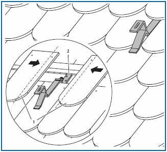Preporuke u vezi montaže 6 Pričvršćenje za krov pokriven biber-crepom Na slici 101/1 je prikazano pričvršćenje krovne kuke (poz. 2) za krov pokriven biber-crepom.