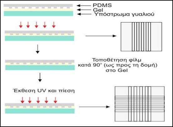 Εικόνα 6.4: Σχηματική απεικόνιση αποτύπωσης πρότυπων φραγμάτων με Λ=1μm σε δύο κατευθύνσεις X-Y. Η διαδικασία περιελάμβανε δύο διαδοχικές εκθέσεις με ενδιάμεσα βήματα: 5.