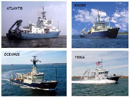 πλοία R/V Atlantis, R/V Knorr, R/V Oceanus και ένα μικρό και εύχρηστο ερευνητικό σκάφος για παράκτιες αποστολές (R/V Tioga) Ξεκίνησε το 1903, μετά από σύσταση της Ένωσης Θαλάσσιας