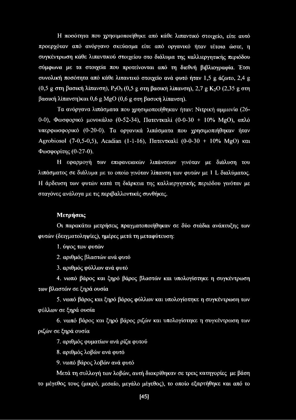 Έτσι συνολική ποσότητα από κάθε λιπαντικό στοιχείο ανά φυτό ήταν 1,5 g άζωτο, 2,4 g (0,5 g στη βασική λίπανση), Ρ2Ο5 (0,5 g στη βασική λίπανση), 2,7 g Κ2Ο (2,35 g στη βασική λίπανση)και 0,6 g MgO