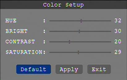 Apasati Enter sau butoanele + - sau trageti direct cu mouse-ul cursorul, pentru a seta culorile, luminozitatea, contrastul, saturatia, apoi apasati APPLY pentru a salva parametrii setati.