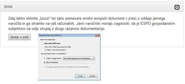 Slika 9: Shranjevanje pripravljenega ESPD 2.