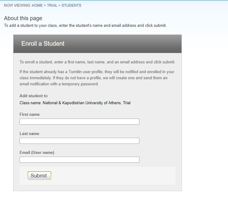 3. Ενημέρωση με email από τον διδάσκοντα προς τους/τις φοιτητές/τριες να εγγραφούν μόνοι/ες τους από τον ιστότοπο του Tutnitin (www.turnitin.com) αφού τους δοθούν τα class ID και enrollment key.