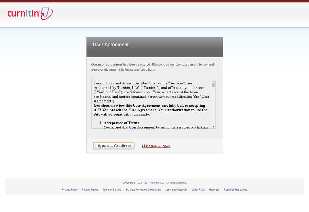 Στην συνέχεια επιλέξτε το Συμφωνώ και συνέχεια (I Agree Continue) ώστε να αποδεχτείτε τους όρους χρήσεις του Turnitin.