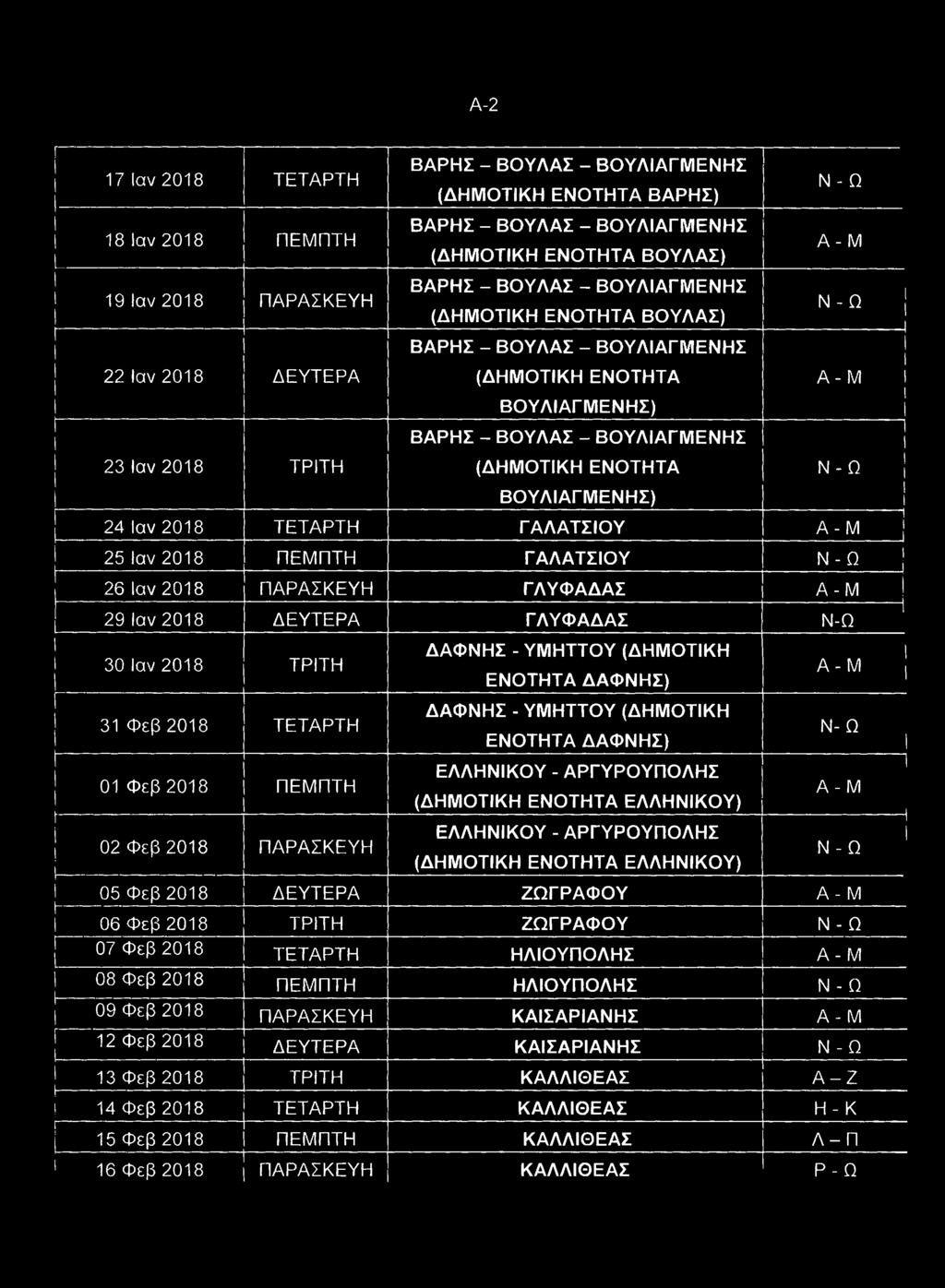 Ω Α - Μ Ν -Ω Α - Μ 24 lav 2018 ΤΕΤΑΡΤΗ ΓΑΛΑΤΣΙΟΥ Α - Μ Ν -Ω 25 lav 2018 ΠΕΜΠΤΗ ΓΑΛΑΤΣΙΟΥ Ν - Ω 26 lav 2018 ΠΑΡΑΣΚΕΥΗ ΓΛΥΦΑΔΑΣ Α -Μ 29 lav 2018 ΔΕΥΤΕΡΑ ΓΛΥΦΑΔΑΣ Ν-Ω 30 lav 2018 ΤΡΙΤΗ 31 Φεβ 2018