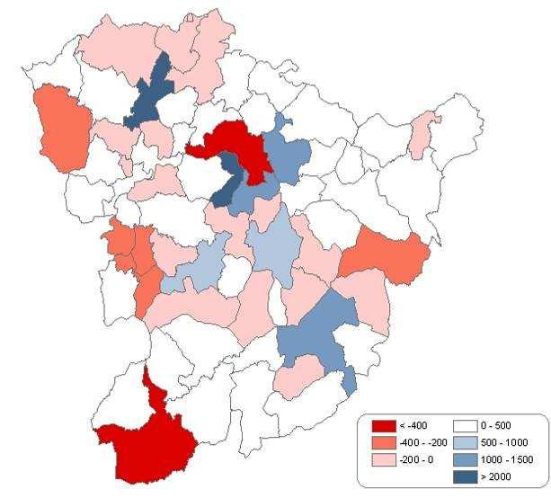Mapa 2.10 Saldos migratorios entre 1992 e 2006. Fonte: IGE. Saldos migratorios A dinámica migratoria da poboación na área funcional de Santiago de Compostela pódese observar na gráfica 2.