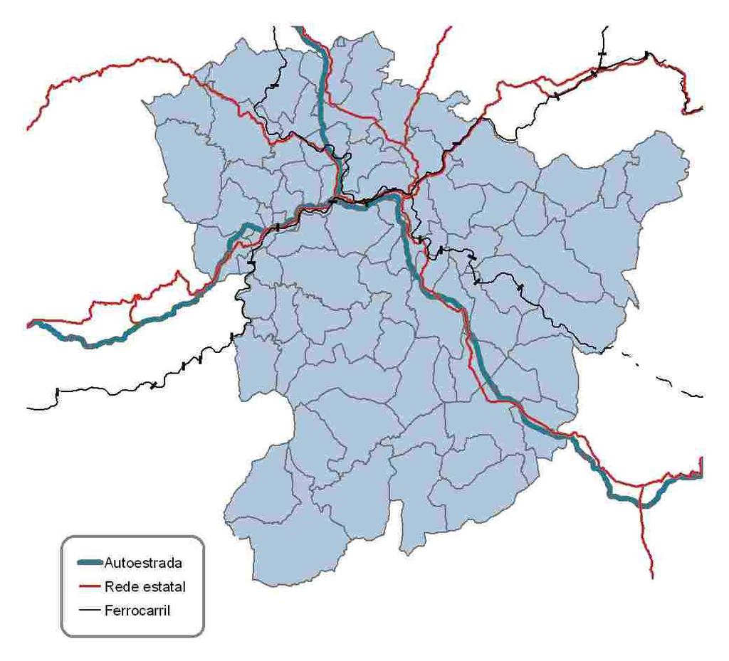 3.2 Sistema de comunicacións Mapa 3.2. Infraestruturas de comunicación básicas. Fonte: SITGA 3.2.1 Comunicacións As vías de comunicación xogan un papel importante no desenvolvemento dunha área
