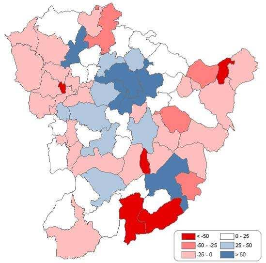 Mapa 5.2. Incremento de vivendas principais por cada 1000 habitantes entre 1991 e 2001. Fonte: INE. entrar no mercado sempre e cando o seu estado non sexa de deterioro.