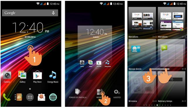 WIDGETS Για να προσθέσετε ένα widget πρέπει να κτυπήσετε στο applications and widgets (1), και μετά να επιλέξετε WIDGETS στην οθόνη (2).