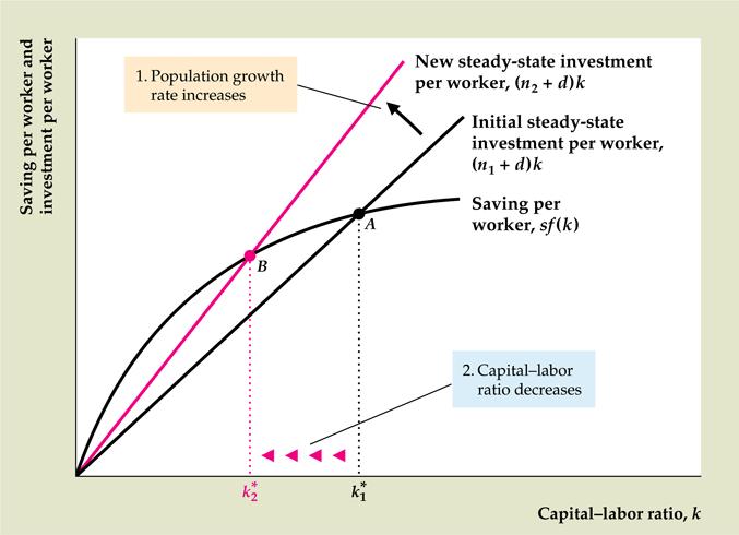 1. Άνοδος του ρυθµού αύξησης του πληθυσµού Νέα επένδυση ανά εργαζόµενο σε µια σταθερή κατάσταση, (n 2 + d) k Αρχική επένδυση ανά εργαζόµενο σε µια σταθερή κατάσταση, (n 1 + d) k Αποταµίευση ανά