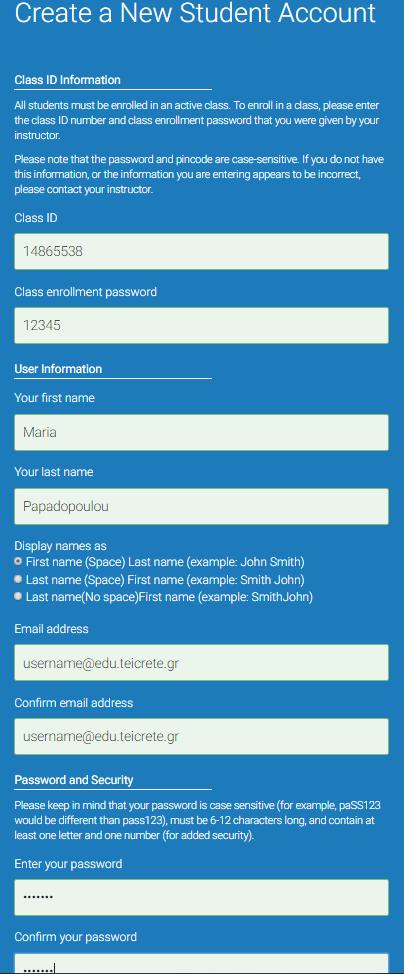 Δημιουργία λογαριασμού με class ID και enrollment password 2/2 Στη σελίδα Create a New Student
