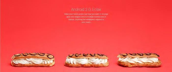 1.3.3 Android 2.0 Eclair (API Level 7) Παρουσιάστηκε στις 26 Οκτωβρίου του 2009. Κύριο χαρακτηριστικό του ήταν οι μεγάλες βελτιστοποιήσεις που έφερε στην κάμερα.