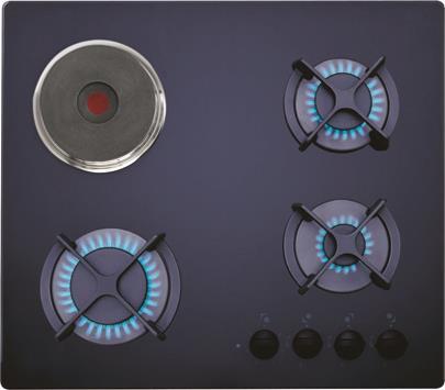 (mm):π=305, Β=510 HF LUX 60 3G 1P AI ΑL Κρυστάλλινο πλατώ γκαζιού & ηλεκτρικό 58cm. Χειριστήριο με περιστρεφόμενους διακόπτες.