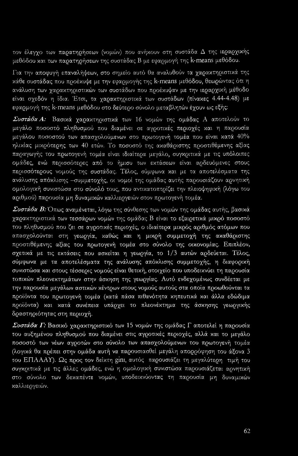 συστάδων που προέκυψαν με την ιεραρχική μέθοδο είναι σχεδόν η ίδια. Έτσι, τα χαρακτηριστικά των συστάδων (πίνακες 4.44-4.