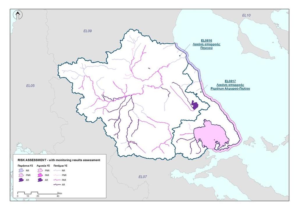 Χάρτης 27 Κατάταξη των υδατικών συστημάτων Υδατικού Διαμερίσματος Θεσσαλίας σε σχέση με την πιθανότητα επίτευξης των περιβαλλοντικών στόχων της Οδηγίας 2000/60/ΕΚ Λεκάνη Απορροής Πηνειού (EL0816)