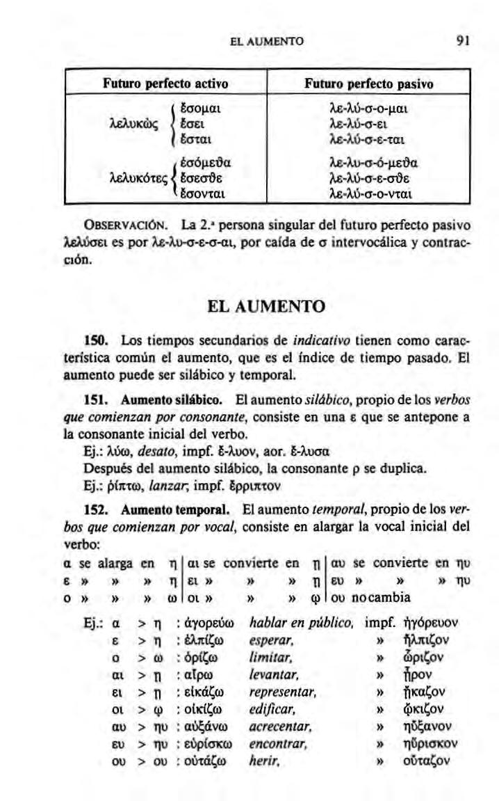 EL AUMENTO 91 Futuro perfecto activo Futuro perfecto pasivo 1 έσομαι λε-λύ-σ-ο-μαι λε-λύ-σ-ει λελυκώς I σει ι έσται λε-λό-σ ε χαι /έσόμεΰα λελυκότες < Εσεσοε ' έσονται λε-λυ-σ-ό-μειϊα ;ίε-λύ-σ-ε-σοε