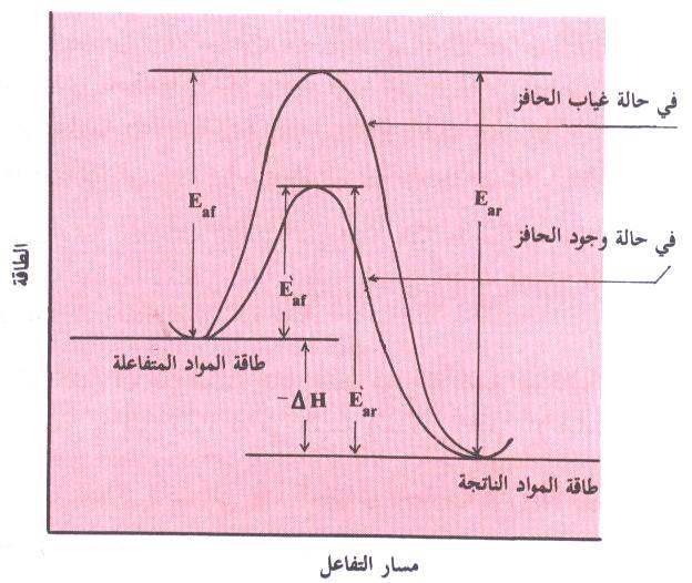 818 ا عداد د/ عمر بن عبد ا الهزازي شكل (١٩) : مخطط الطاقة لتفاعل كيميائي عكسي في حالة وجود حافز وفي حالة غيابه حيث يختلفان في طاقة التنشيط فقط. Fig.