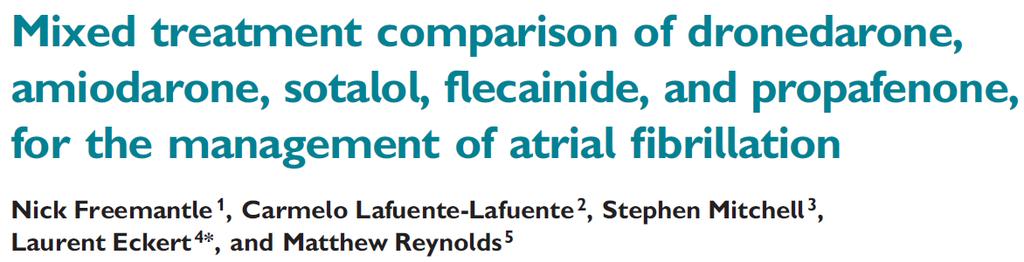 Mixed treatment comparisons (MTC) were performed to assess the relative efficacy and tolerability of the main antiarrhythmic drugs used for the treatment of atrial fibrillation (AF)/flutter.