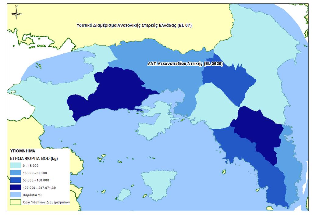 Χάρτης 14: Ετήσιο συνολικό φορτίο BOD από σημειακές πηγές