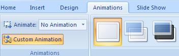 Adaugarea unui efect de animaţie Selectam textul sau obiectul dorit Click pe fila Animations Click pe butonul Custom Animations (Animaţie particularizată) din grupul Animations (Animaţii) Click pe