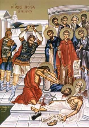 Once, ten Christians were brought before him from various cities of Crete, who at the trial steadfastly confessed their faith in Christ and refused to worship idols.