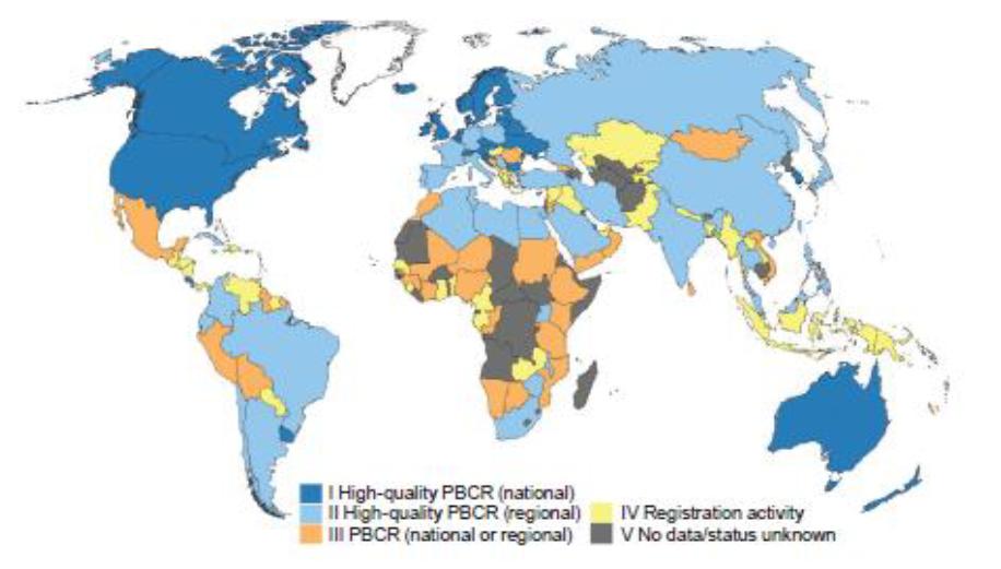 Παγκόσμιος χάρτης της κατάστασης πληθυσμιακής κάλυψης από πληθυσμιακά αρχεία νεοπλασιών Η