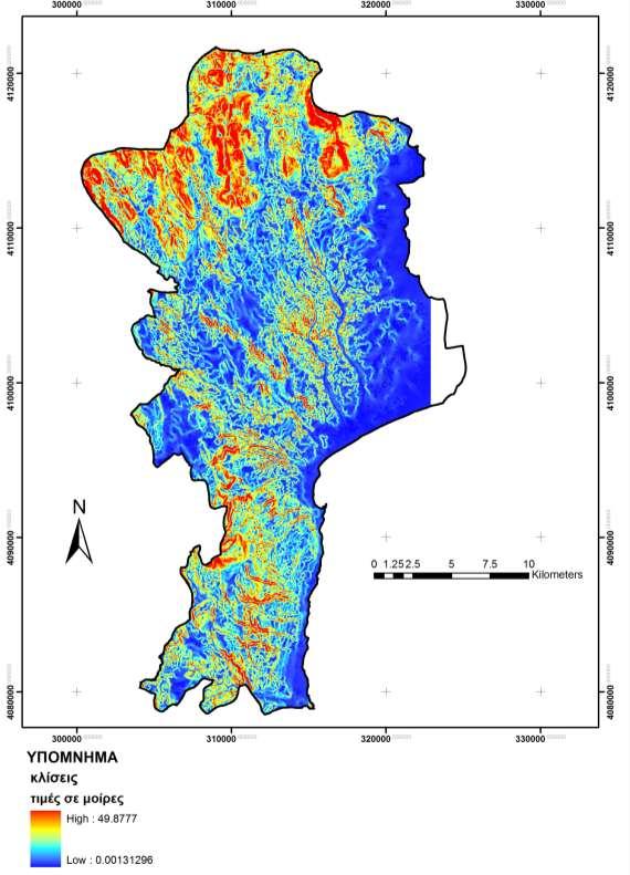 Σχήμα 2.3: Ψηφιακός χάρτης κλίσεων για την στενή περιοχή χαράξεως.