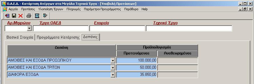 Επίσης η Εταιρία προτείνει και το Προϋπολογιζόμενο Κόστος ανά Δαπάνη : Το άθροισμά τους πρέπει να συμφωνεί με το συνολικό Προτεινόμενο Προϋπολογισμό.