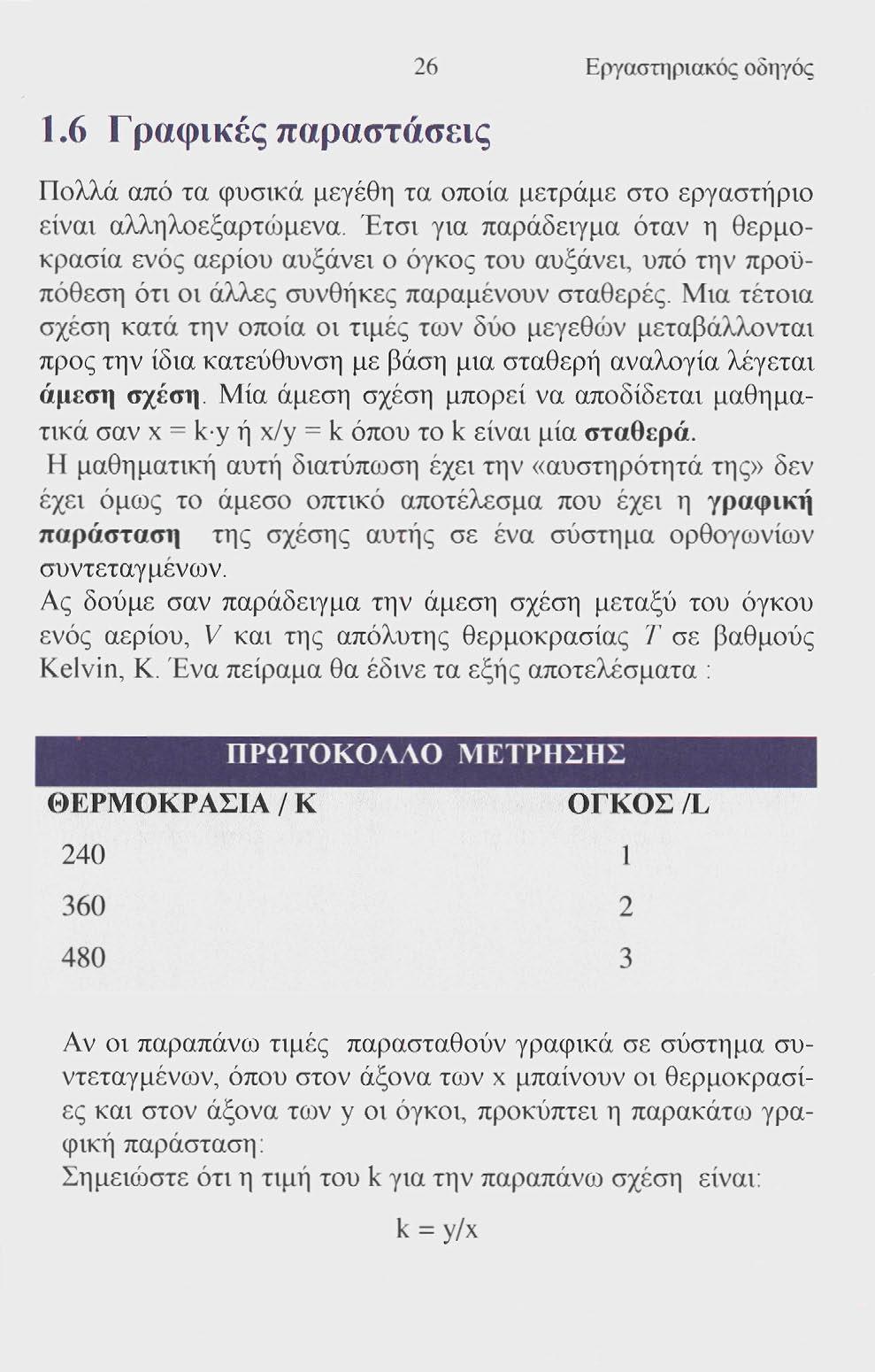 1.6 Γραφικές παραστάσεις 26 Εργαστηριακός οδηγός Πολλά από τα φυσικά μεγέθη τα οποία μετράμε στο εργαστήριο είναι αλληλοεξαρτώμενα.