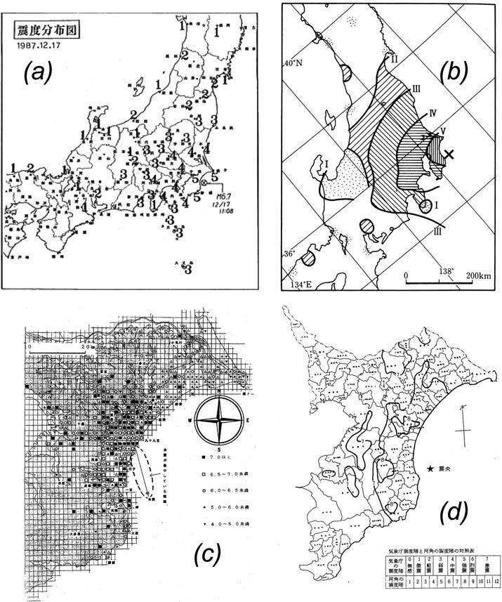 M 1 Fig ++ Seismic intensity distribution map of the +321 Chiba-ken Toho-Oki earthquake by (a) Japan Meteorological Agency ( +322 a), (b) Usami (,**-), (c)