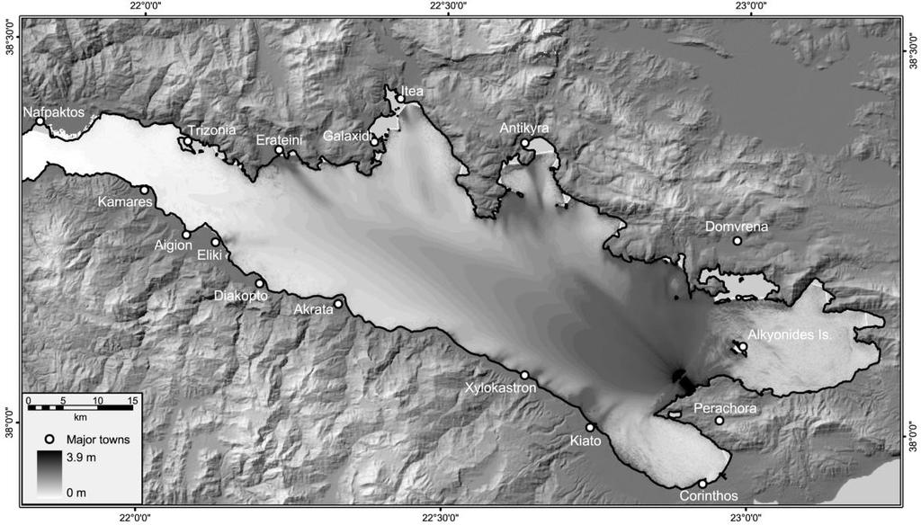 22nd International Tsunami Symposium, Chania, Greece, 27-29 June, 2005 Page 7 of 10 Figure 2: Maximum tsunami wave heights in meters during numerical simulation of the Perachora case study using an