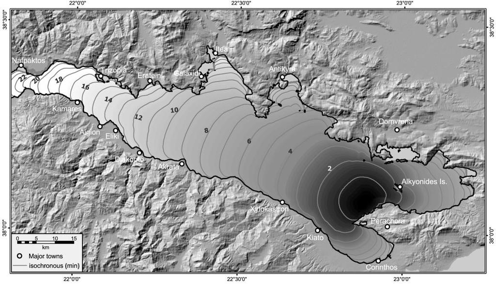 The tsunami travel times and the heights attained along the coast demonstrate the strong anisotropy of the propagating waves due to the shallow water effect.